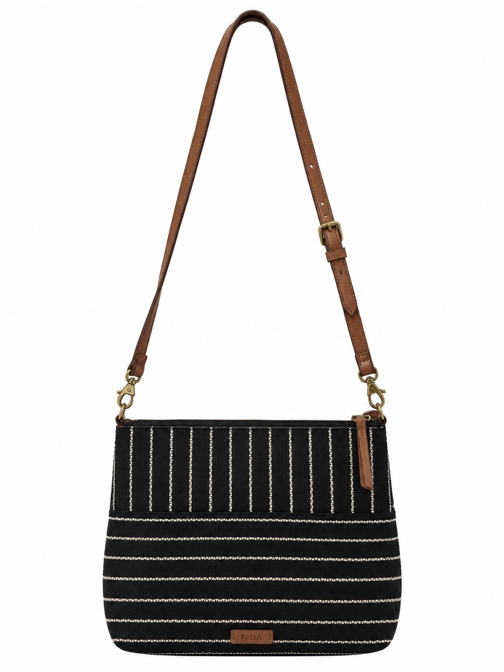 Fossil Women’s Woven Stripe Crossbody Bag Black Cream Key Charm